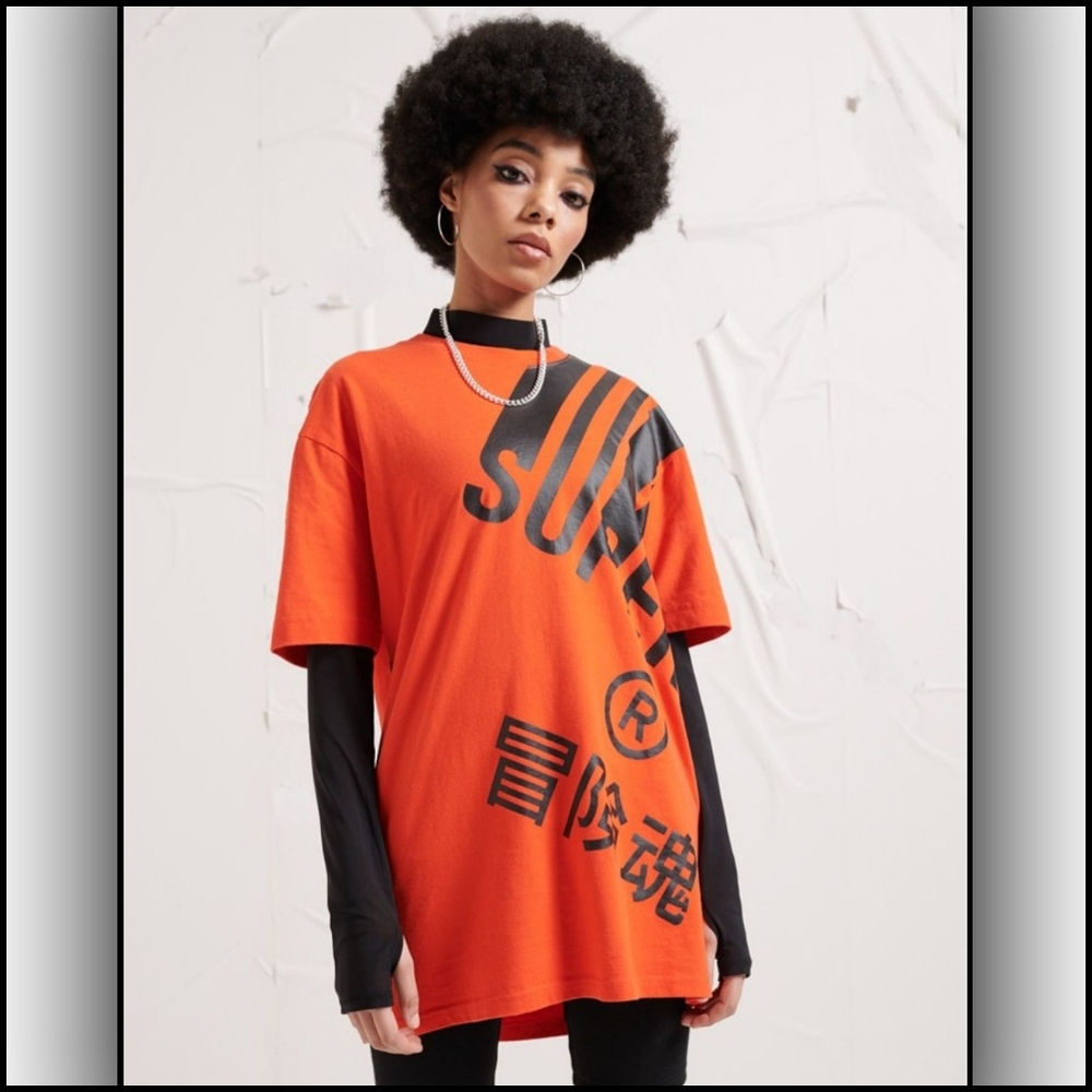 NWT SuperDry Unisex Energy Barcode T-shirt, Orange Black, Size M/L